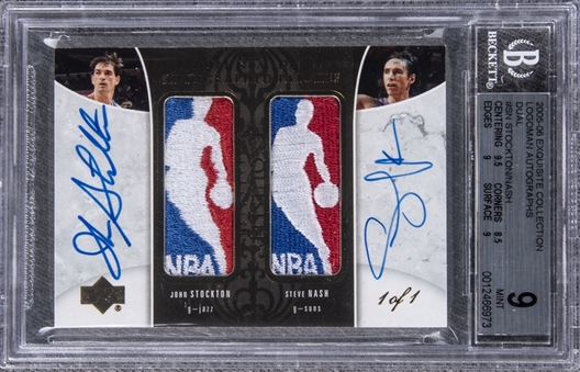 2005-06 UD Exquisite Collection "Logoman Autographs Dual" #SN John Stockton/Steve Nash Dual-Signed Game Used Logoman Patch Card (#1/1) – BGS MINT 9/BGS 10 